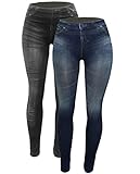 CLOYA Women's Denim Print Fake Jeans Seamless Full Length Summer/Spring Leggings (L/XL, Blue/Black Pack)