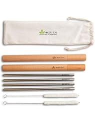 Ecotribe 4 Reusable Metal Straws with Portable Case - Stainless Steel, 8.5â€ - Eco-Friendly Drinking Straw Set with 2 Cleaning Brushes & Travel Bag