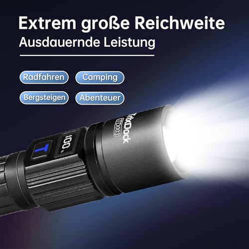 LED Rechargeable Torch Pack of 2, USB-C, Zoom, IPX6, LCD Display, 5 Modes | Extremely bright, 5 modes and zoomable, tactical with LCD display, waterproof, for camping, outdoor, survival, emergency