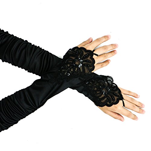 Opera Gloves Long Glove Accessories Flapper Costume Bridal Fingerless Gloves for Women Roaring Accessories Classic Satin Elbow Length Gloves (Black) - Thumbnail 5