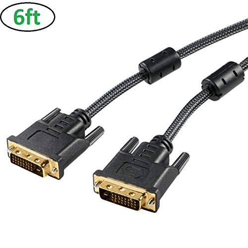 DVI Cable 6FT, DVI-D to DVI-D (24+1)- M/M Double Shielding Digital Cord with Two Ferrite Core and PET Braided for Gaming, DVD, Laptop, HDTV and Projector - Gold Plated