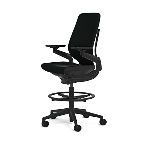 Steelcase Gesture 442 Stool Chair - Black Steelcase Leather, Shell Back, Dark on Dark Frame, Lumbar Support