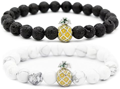 Pineapple Bracelets for Lovers Black Lava Stone &amp; White Howlite 8mm Beads Couple Bracelet, 7.6"+7.2"