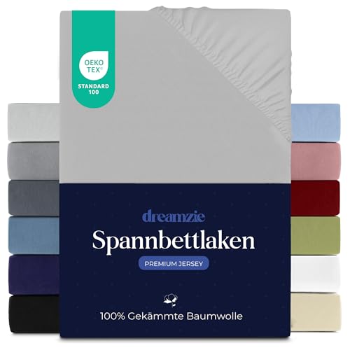 Dreamzie Premium Spannbettlaken 160x200 cm, Spannbetttuch für Dicke Matratzen bis zu 27 cm, Bettlaken 100% Jersey Baumwolle, 150 g/m², Oeko-TEX Zertifiziert - Grau