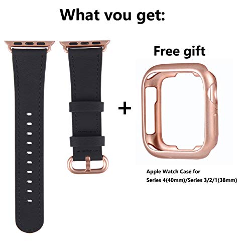 PEAK ZHANG Compatible with Apple Watch Band with Case, 38mm 40mm 42mm 44mm Women Men Top Grain Leather Strap for iWatch Series 4,3,2,1 (Black+Series 4/3 Rose Gold Clasp, 42mm 44mm Small)