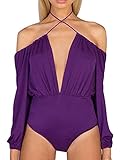Allegrace Women Sexy String Halter Neck Bodysuit Off Shoulder Leotard Jumpsuit Purple S