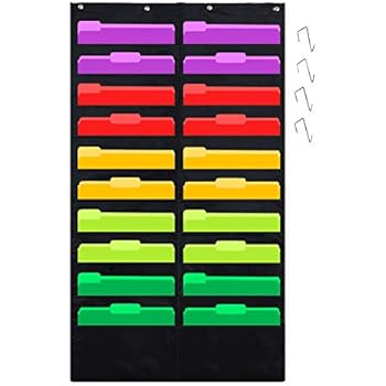 Godery Folder Pocket Chart (Black), Cascading Wall Organizer for School, Classroom, Home or Office Use, 20 Pocket Chart Hanging Wall Organizer with 4 Hangers