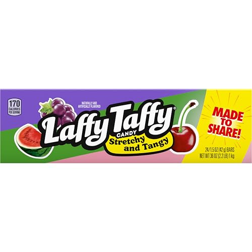 LAFFY TAFFY STRETCHY & TANGY VARIETY CANDY BOX, GRAPE, WATERMELON, AND CHERRY FLAVORS, 1.5 OUNCE BARS (PACK OF 24)