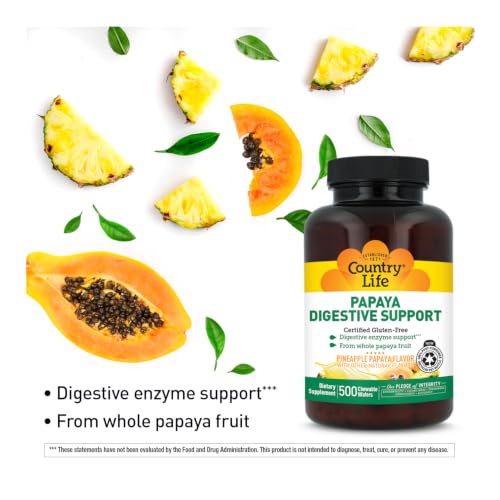Country Life Chewable Papaya Enzymes for Digestion Support - Natural Pineapple & Papaya Flavor, Assists with Nutrient Absorption, Contains Papain & Protease - 200 and 500 Wafers Available | Chewable, Digestion Support, Assists Nutrient Absorption, Contains Papain & Protease