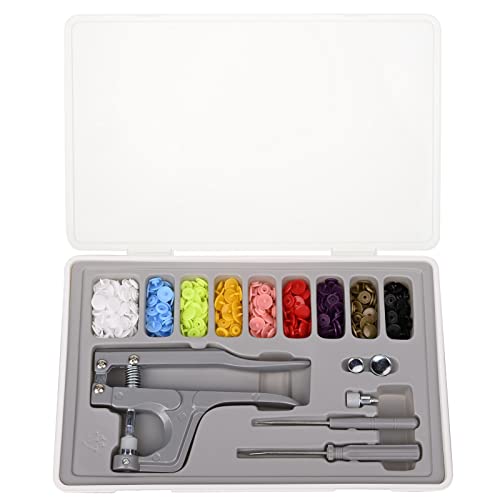 Plastic Snap Fastener Kit with Plier Screwdriver Awl and Storage Case, 100 Sets Snaps, 9 Colors T5 Buttons, 12mm Cap. Snap Plier for T3(10mm), T5(12mm), T8(15mm) Buttons, Grey