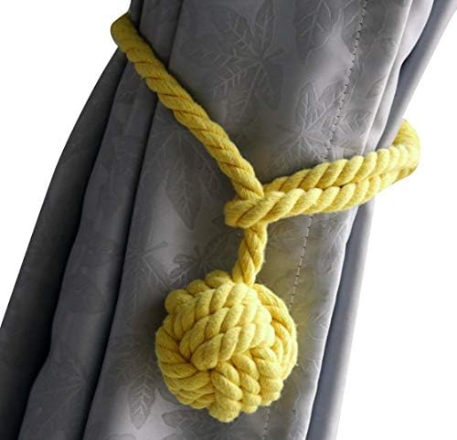 SUQ I OME Handmade Cotton Rope Tie Backs, Hand Knitting Holdbacks for Blackout Curtains, Handmade Cotton Rope Tiebacks with Single Ball (Yellow,1pair)
