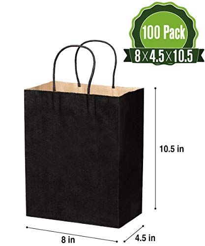 Black Kraft Paper Gift Bags Bulk with Handles 8 X 4.5 X 10.5 [100Pcs]. Ideal for Shopping, Packaging, Retail, Party, Craft, Gifts, Wedding, Recycled, Business, Goody and Merchandise Bag