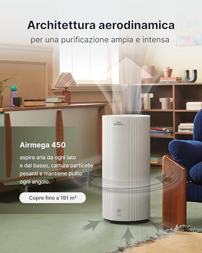 COWAY Air Purifier for Large Rooms, CADR 734 m³/h, Cleans 153 m² in 30 min, HEPA Filter for Smoke, Allergies, Animal Hair, Odors, AQI PM1/2.5/10 Display, Eco Mode, AIRMEGA 450 White