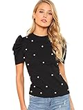 ROMWE Women's Elegant Pearl Embellished Puff Short Sleeve Embroidered Blouse Tops