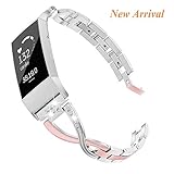 Wearlizer Compatible with Fitbit Charge 3 Bands and Charge 3 SE for Women Metal Replacement Charge 3 hr Band Strap with Bling Rhinestone Bracelet Bangle (Pink Gold + Silver(Match Charge 3 SE))
