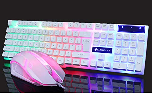 Axiba Gaming Keyboard Mouse Sets USB Wired 104 Keys Rainbow LED Backlit Multimedia Ergonomic Gamer Keyboard + 2400DPI 4 Buttons Optical Game Mice + Mouse Pad for PC Laptop (White)