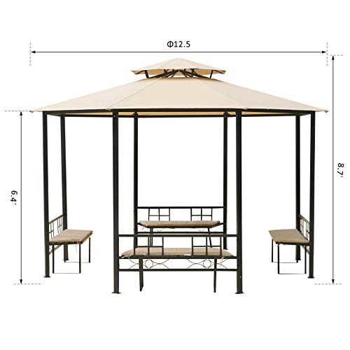 2-Tier Roof Light Brown 12.5 FT Steel Pavilion Canopy Tent Outdoor Octagon Patio Gazebo Shelter Outdoor Sun Shade w/ 4 Padded Benches with Ebook