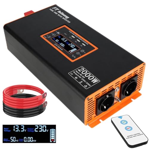 2000 W / 4000 W Inverter 12 V to 230 V Pure Sine Wave EU Sockets 30 W USB-C LCD Remote Control Voltage Converter for Caravan Truck Solar