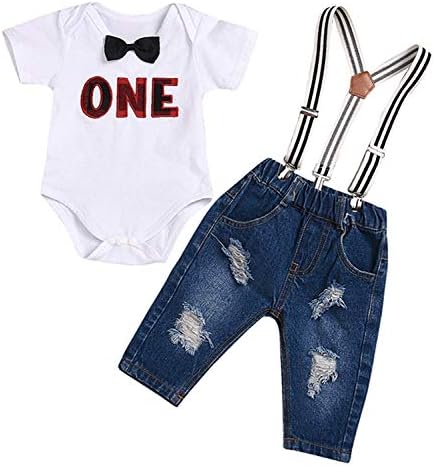 Baby Boys Girls Gentleman Outfits Bowtie T-Shirt Suspender Pants Set, Toddler Cartoon Letter Print Romper Clothes Set