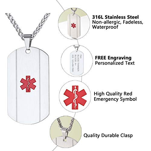 Supcare Custom Engraved Tag Necklace Medical Alert ID Jewelry Stainless Steel for Women/Men/Children, Free Engraving Medical Emergency Identification Dog Tag Necklace Jewelry