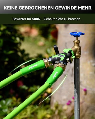 RAINPOINT 2-Way Distributor, Full Metal Heavy Duty Water Distributor with 5.2 cm Extra Long Side Lever & Shut-off Valves, Garden Hose Y Splitter 3/4 Inch & 1/2 Inch, Simultaneous Double Connection (Green)