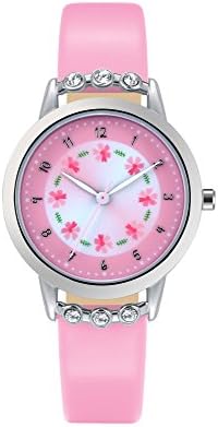 Watches for Girls Leather Band Pink Flowers Dial with Diamond Cute Sports Watch for Children Casual Waterproof Kids Wristwatches