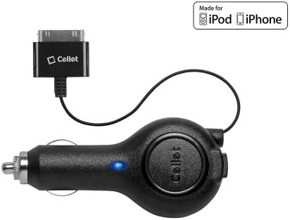 Retractable Car Charger for iPhone 3G/3GS, 4/4S, iPad 1/2/3, iPod Nano 3rd/4th Generation, iPod Touch 3rd/4th Generation –30 Pin-Tangle Free-MFI Apple  Certified- by Cellet - Black