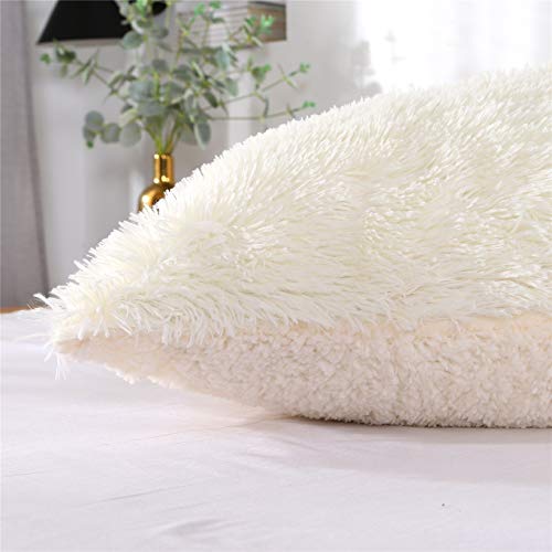 MooWoo Fluffy Pillowcase Standard Size Set of 2, Creamy White, Sherpa Shaggy Pillow Cases Decorative Covers with Zipper, 20"x30"