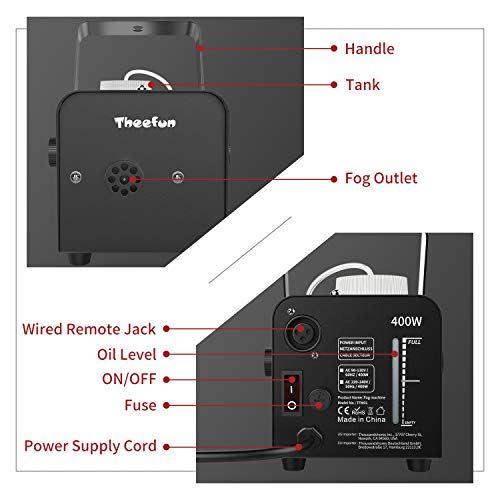 Fog Machine, Theefun 400W Smoke Machine with 2000CFM Fog, Wired and