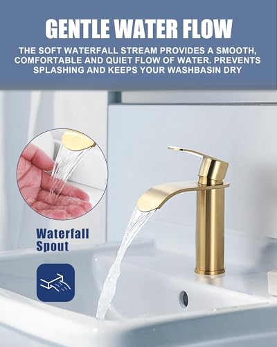 ARCORA Basin Faucet, Stainless Steel Bathroom Faucet, Single Handle Sink Mixer Tap, Waterfall Spout Low Noise for Bathrooms, Gold