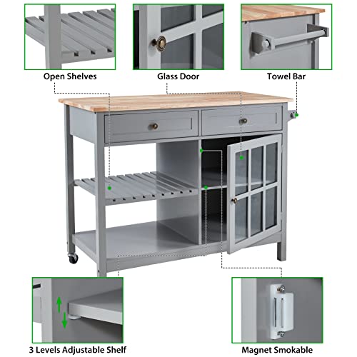 HOMHUM Rolling Kitchen Island Cart with Storage, 42 Inch Wood Tabletop