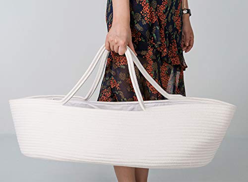 Goodpick Baby Moses Basket Soft Cotton Rope Basket for Newborn Baby - Nursery Cradle Bedding Basket - or Toys Basket Baby Laundry Blanket Basket with Cotton Lining and Handles, 25.6"L x 14.6W x 7.9"H - Thumbnail 6