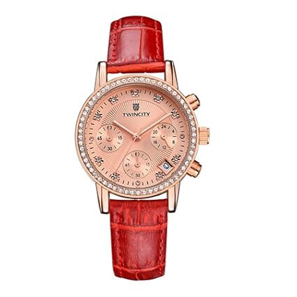 BAJEETA Chronograph Rhinestone Women Watch Ladies Quartz Leather Watch Girl Waterproof Fashion Genuine Six-Pin Red - Red�