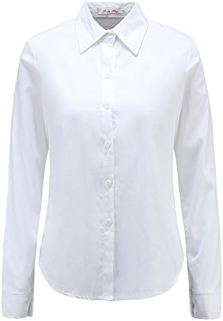 Moda Jihan's Lady's Cotton Blouse Collared Button Down Shirt Long Sleeve White Women Blouse (L)