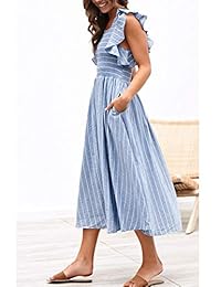 Vestido largo de lino a rayas de mujer de Miessial Vestido a media pierna con mangas elegantes y volantes