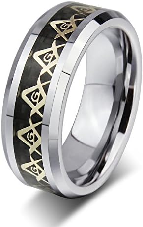 8mm Tungsten Carbide Gold Masonic Symbol Inlay Bevel Edge Freemason Wedding Ring Bands
