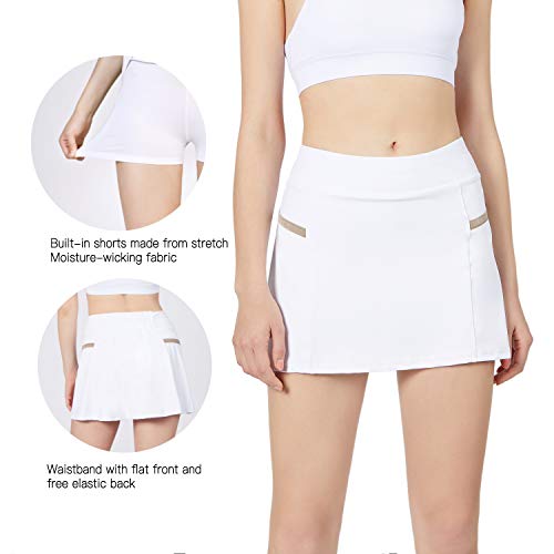 POSHDIVAH Women's Athletic Skirts with Built-in Shorts Skorts for Tennis Golf Running Workout and Casual White S