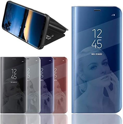 LHB Clear View Standing Case, Mirror Smart Flip Case Cover for Galaxy S10e Case Blue