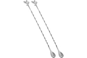 AnSaw Silver 10-Inch Stainless Steel Cocktail Spoon with Leaf Handle - Perfect for Mixing & Layering Drinks in Tall Cups, Bar & Shakers - Durable Long Handle Bar Stirrer,2-Pieces