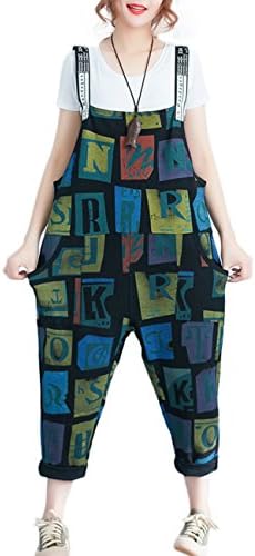 Innifer Womens Vintage Print Linen Loose Fit Baggy Bib Overalls Casual Jumpers Pants