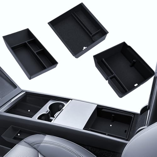 LANTU 3 Pack Accessories for Tesla Model Y 2025-2026 Juniper Center Console Organizer, Silicone Organizer Tray and Armrest Storage Box (Velvet Cover)