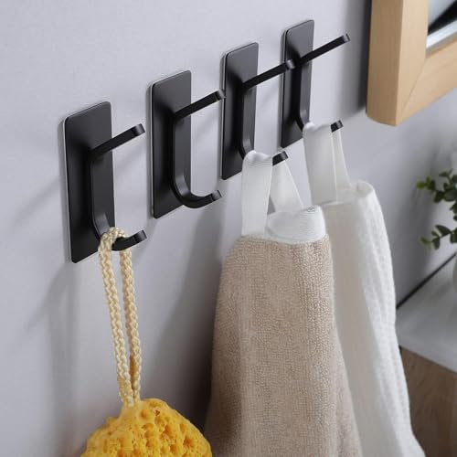 AMROAH 4pcs Stainless Steel Adhesive Hooks Wall Mounted, Heavy Duty Storage Wall Mount Hooks for Hanging Coat Clothes Towels Hat Bags for Home Entryway Bathroom Bedroom Kitchen Living Room (Black)