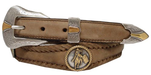 Goldfield Barrel Racer Round Rope Edge Conchos Western Leather Scalloped Belt Brown 32