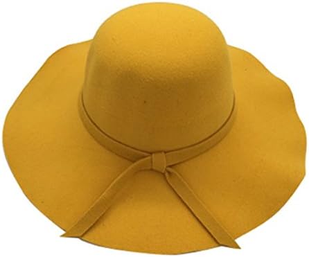 FUNNY365 Women's Wide Brim Felt Bowler Fedora Floppy Wool Hat, (Yellow)