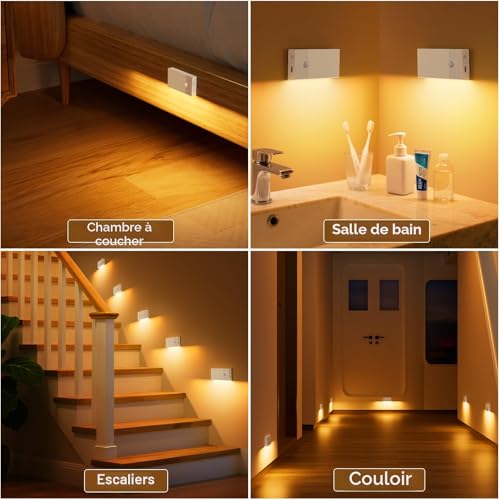 Swoieltr Motion Sensor Night Light, Set of 4 Rechargeable LED Night Lights with 3 Modes (AUTO/OFF/ON), 2700K Indoor Motion Detector Lamp for Stairs, Corridors, Wardrobes, Bedrooms