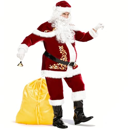 Ulikey Weihnachtsmann Kostüm Herren, 15-teiliges Weihnachtsmann Outfit Erwachsene Nikolaus Kostüm Herren Set mit Komplettem Weihnachtsmann Zubehör Set für Weihnachten, Karneval (L)