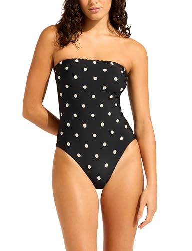 Seafolly Women's Standard Bandeau One Piece Swimsuit with High Cut Leg, Daisy C…
