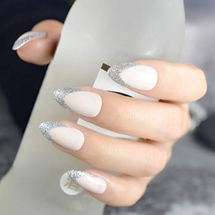 Triangle Shaped Acrylic Nails buy beige almond design nail tips kit glitter v shape medium point stiletto false acrylic nails lady wear with glue sticker z777 beige online at low