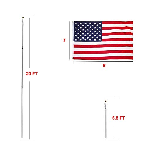 20ft Flag Pole Kit Telescoping Flagpole Heavy Duty Aluminum In Ground