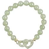 Kysin Chiys Jade Bead Stone Bracelet Interlocking Adjustable Strech Bracelet Faux Green Jade Charm Love Jewelry for Women Men
